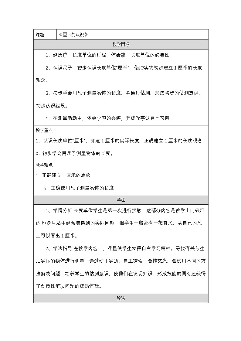 青岛版小学数学二年级上册 厘米的认识 教学设计(表格式)第1页