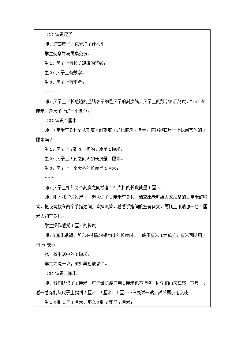 青岛版小学数学二年级上册 厘米的认识【教学设计】(表格式)第2页