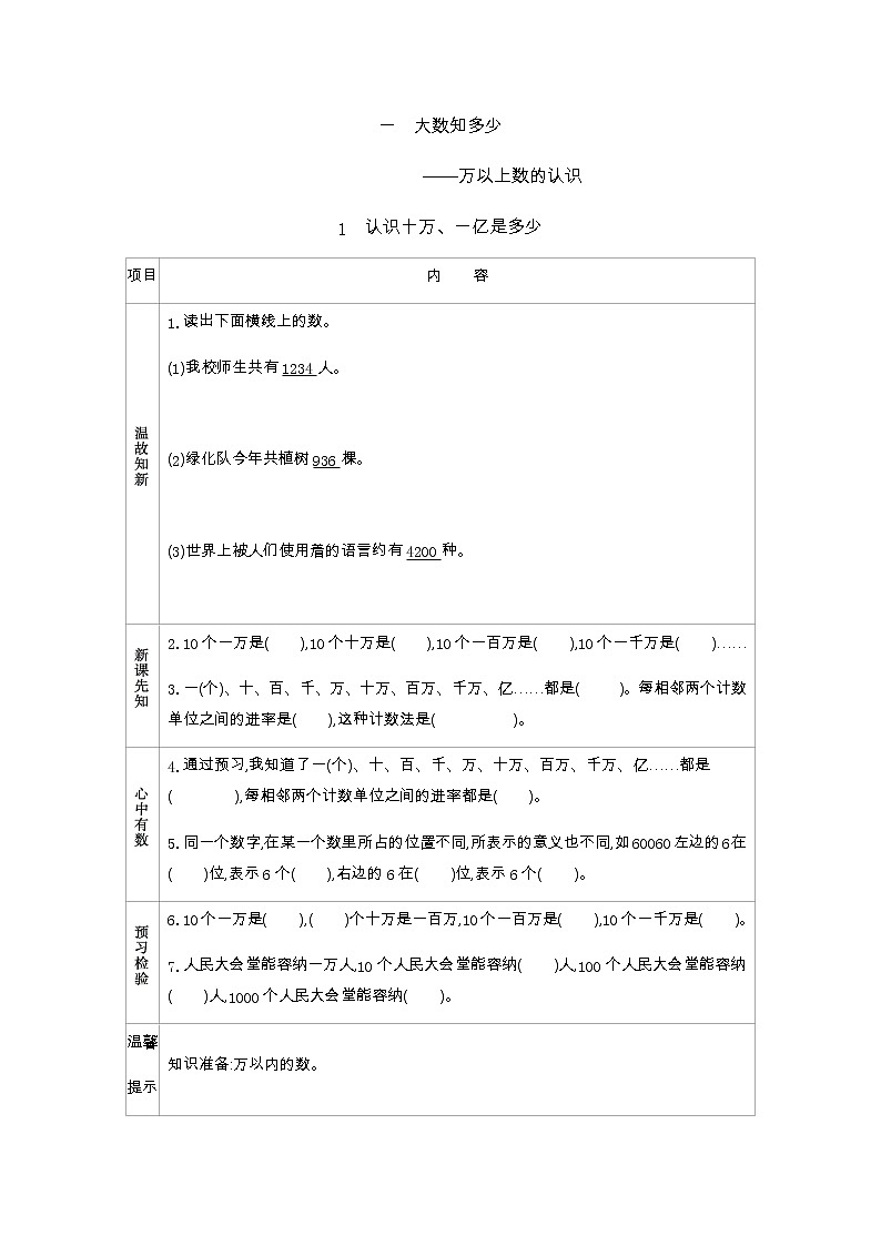 1.1   认识十万、一亿是多少  学案01