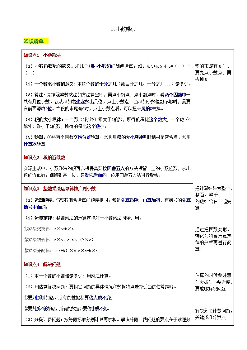 小学数学五年级上册第一单元《小数乘法》知识清单及对应练习 人教版(Word)第1页