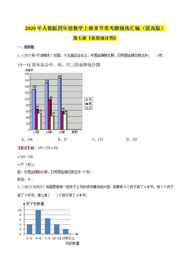 【精品】(提高版)第七章《条形统计图》四年级数学上册章节常考题精选汇编(解析版)人教版01