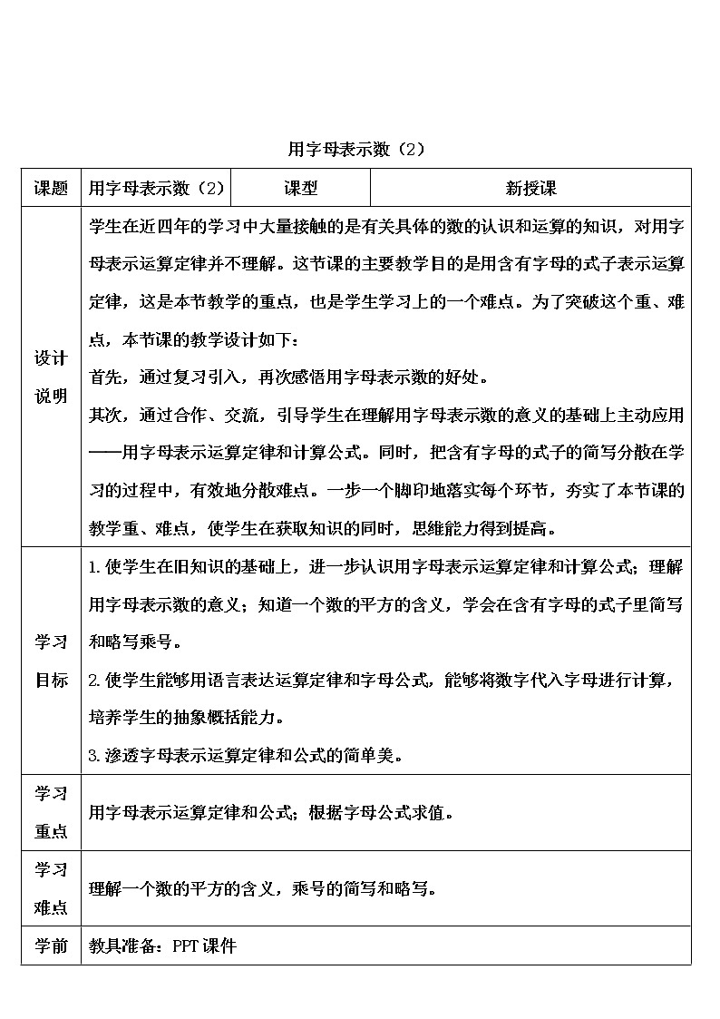 【精品导学案】人教版 五年级上册数学 第5单元 简易方程  5.1.1用字母表示数  (第2课时)第1页