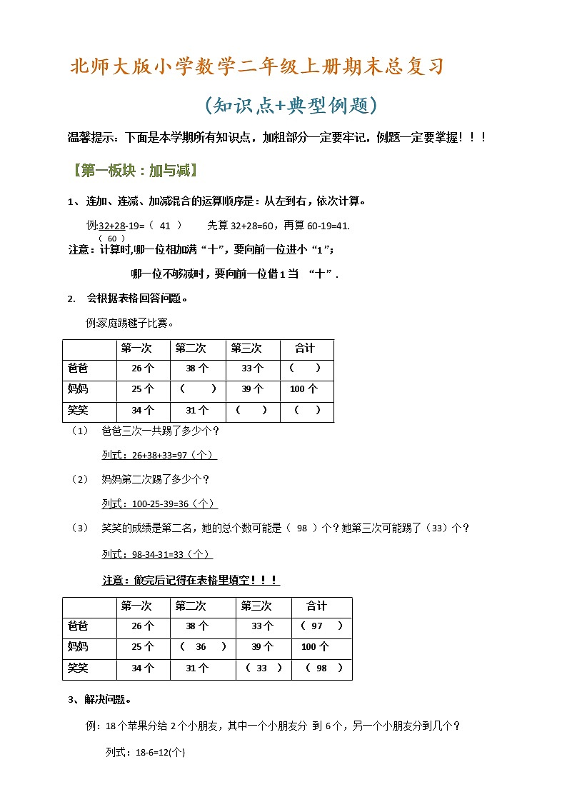 数学二年级上册期末总复习知识点+典型例题01