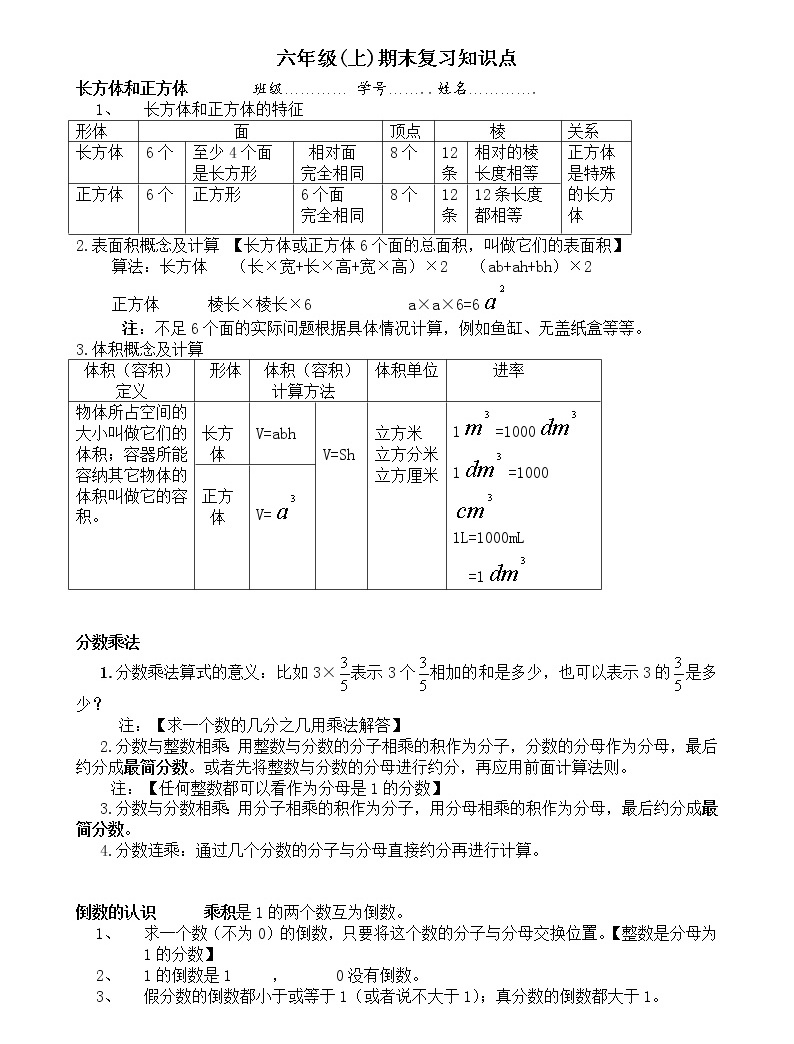 苏教版小学六年级上册数学知识点总结01