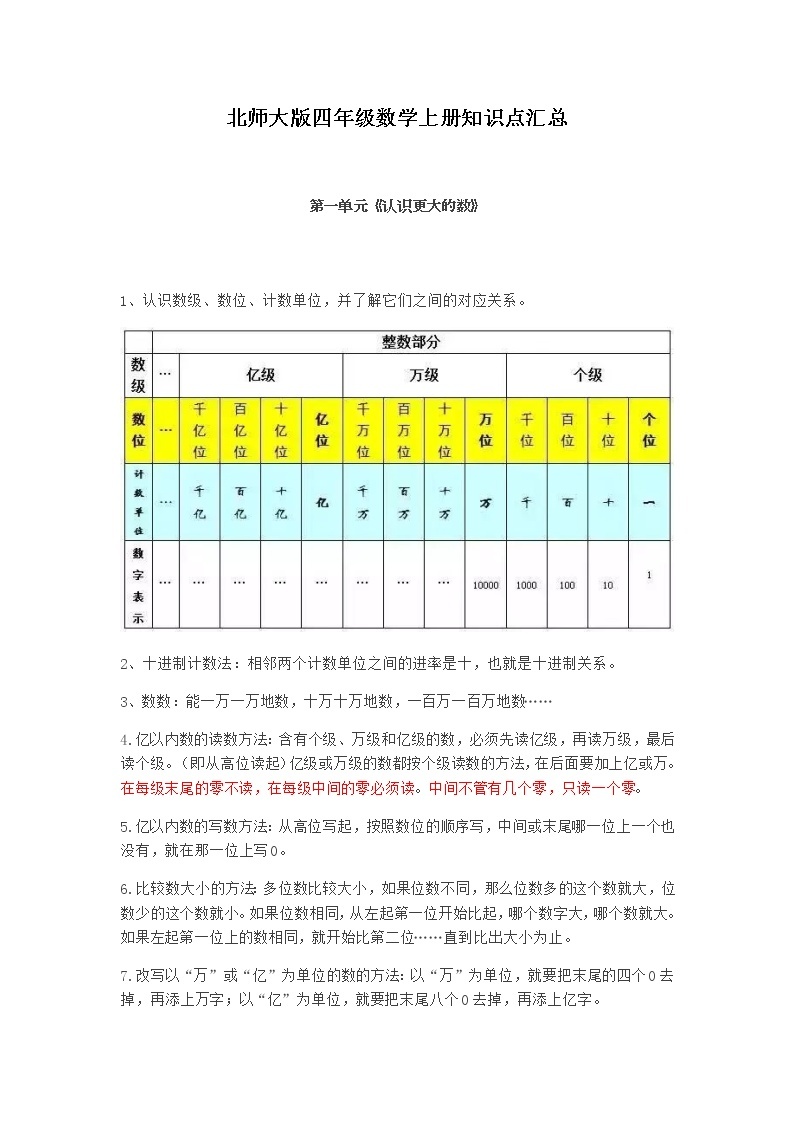 北师大版四年级数学上册知识点汇总01