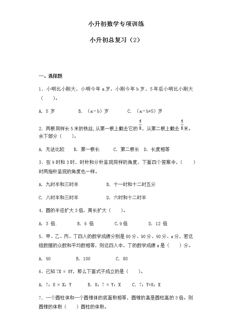 小升初数学知识专项训练-总复习(2)(22页)试卷01