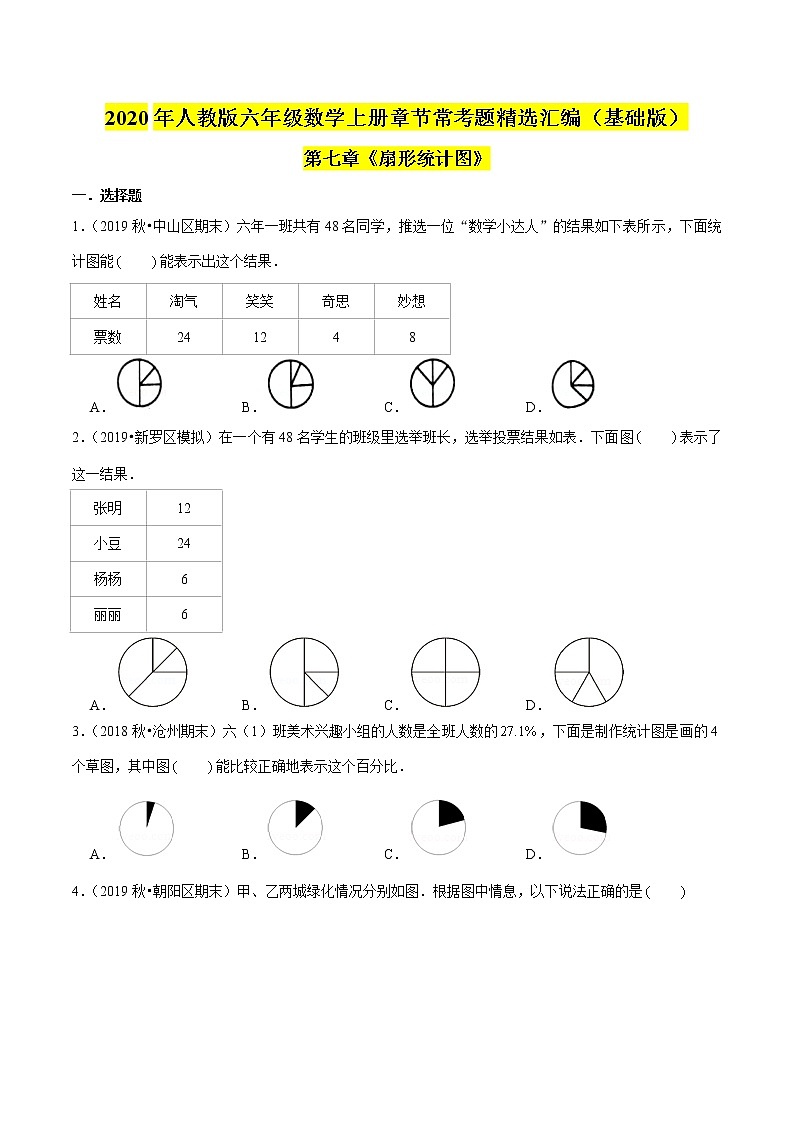 (基础版)第七章《扇形统计图》2020年六年级数学上册章节常考题精选汇编(解析版)人教版01