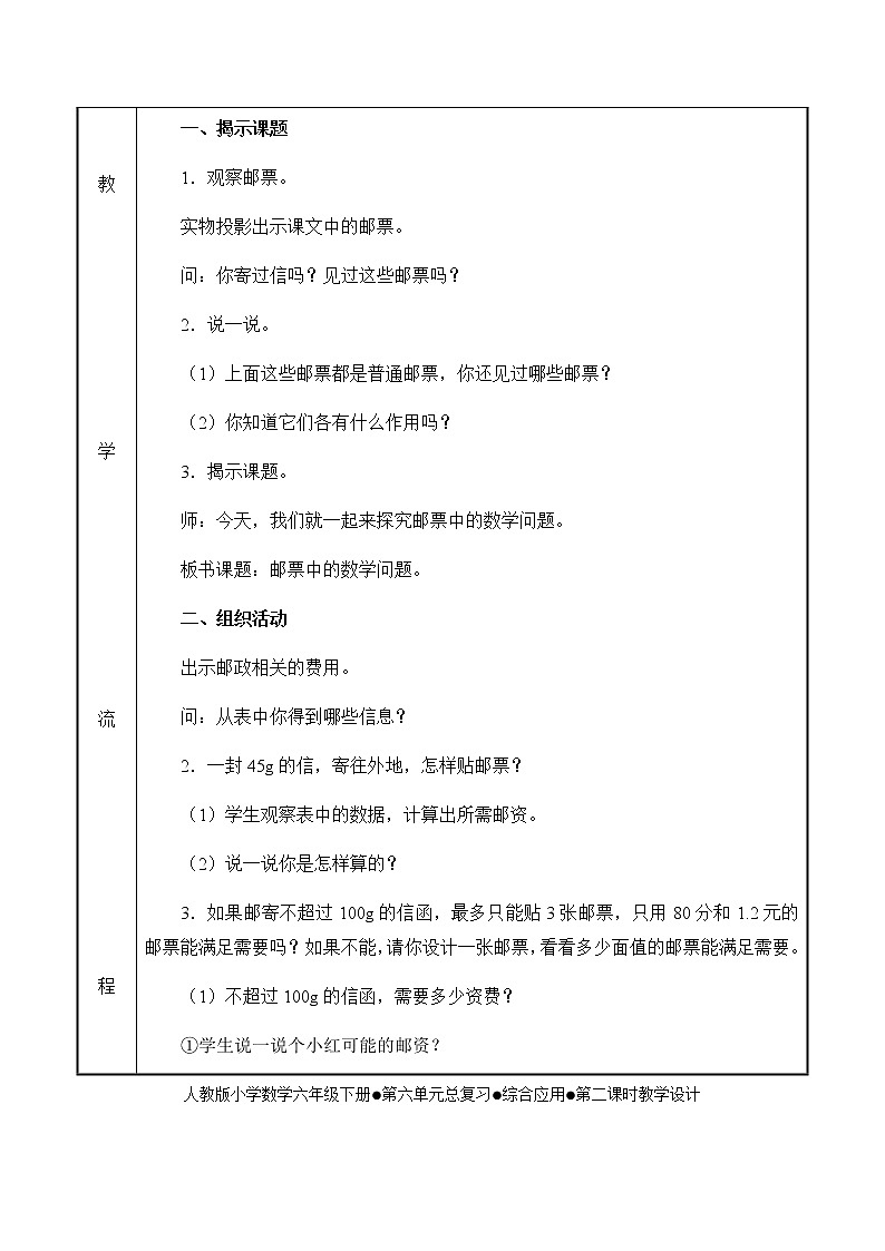 人教版六年级数学下册第6单元之邮票中的数学问题教案02