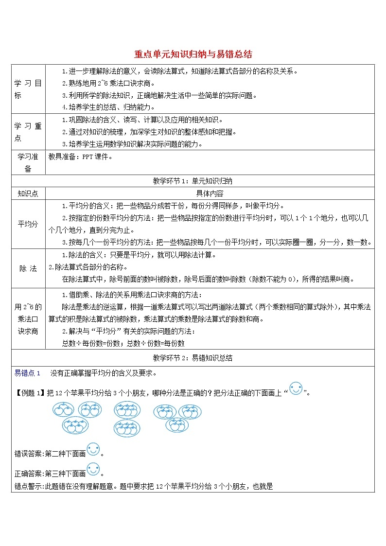 二年级数学下册2表内除法一重点单元知识归纳与易错总结导学案新人教版01