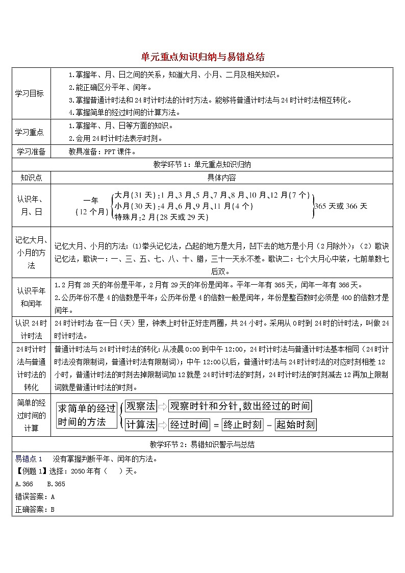 三年级数学下册6年月日单元重点知识归纳与易错总结导学案新人教版01
