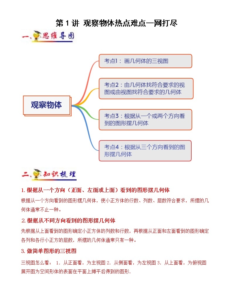 第1講 觀察物體(教師版)(知識梳理+典例分析+舉一反三+階梯訓練)人教新課標版01