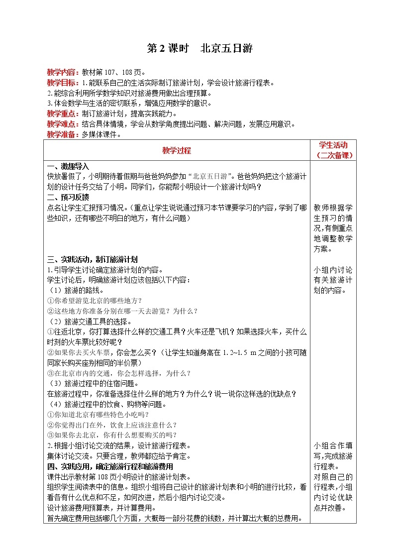 2021人教版数学六年级下册 第6单元 综合与实践 第2课时  北京五日游 精品教案01