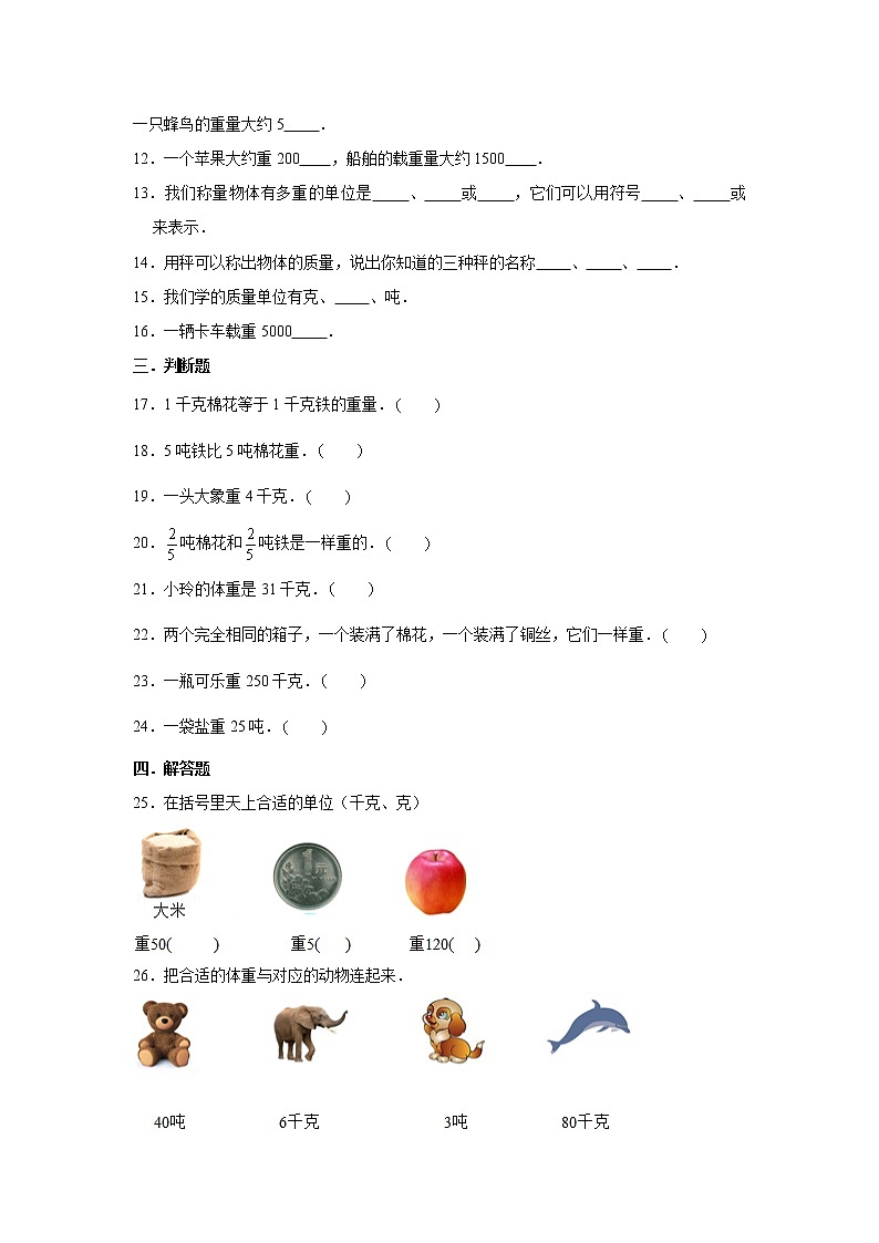 小升初复习19:质量及质量的常用单位 练习(含解析)02
