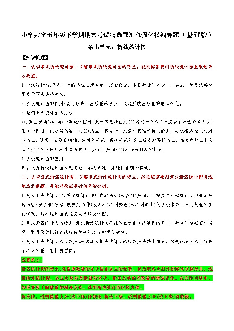 【期末备考】(基础版)人教版小学数学五年级下学期期末考试折线统计图—精选题汇总(知识回顾+夯实基础练)(含答案)01