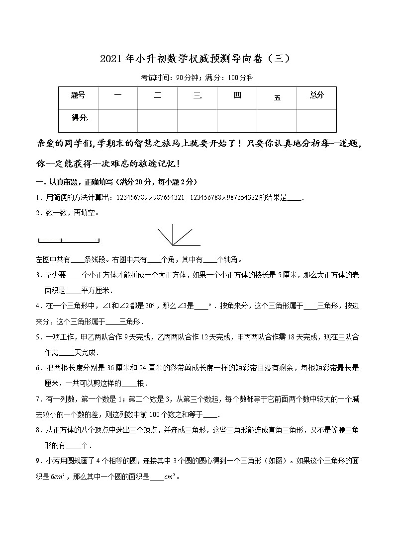 2021年小升初数学权威预测导向卷(三)(通用版,含答案)01