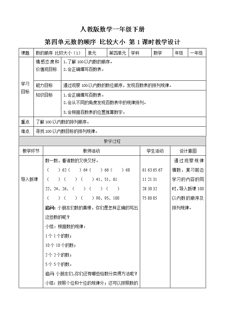 人教版小学数学一年级下册第四单元 数的顺序 比较大小 第一课时 教案第1页