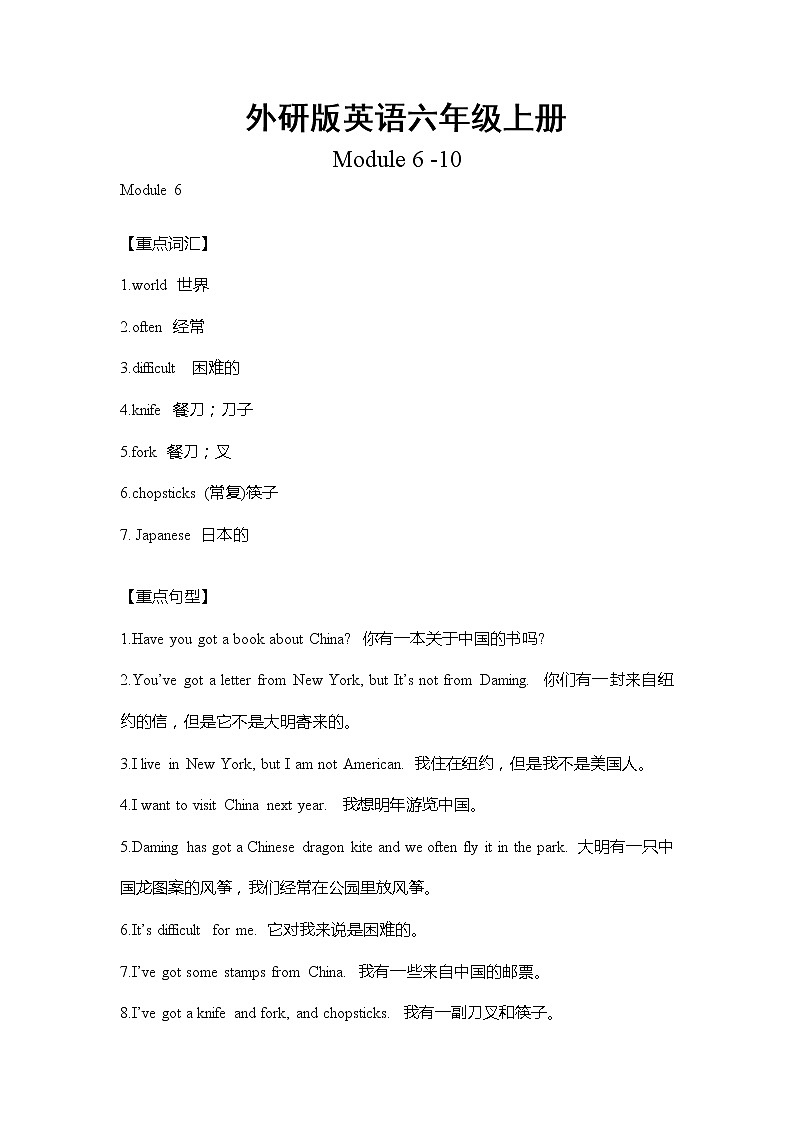 外研版英语六年级上册Module6-10重难点知识归纳总结学案01