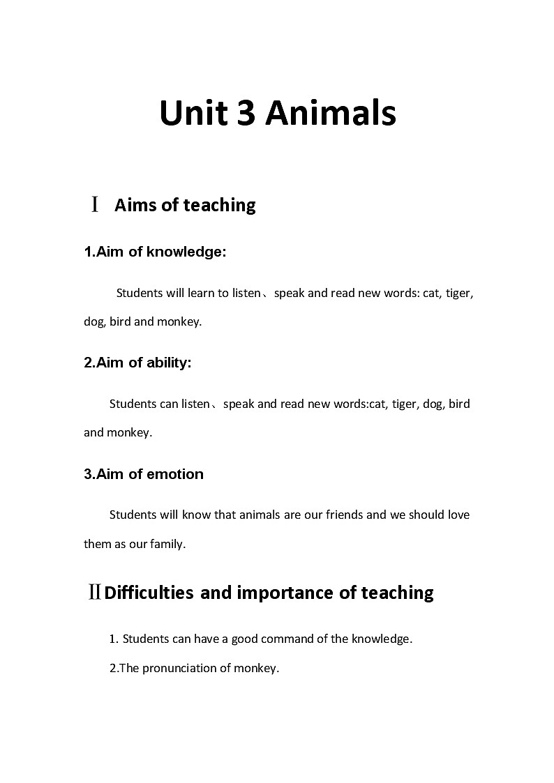 一年级上册英语Unit 3Animals教案-人教新起点版第1页
