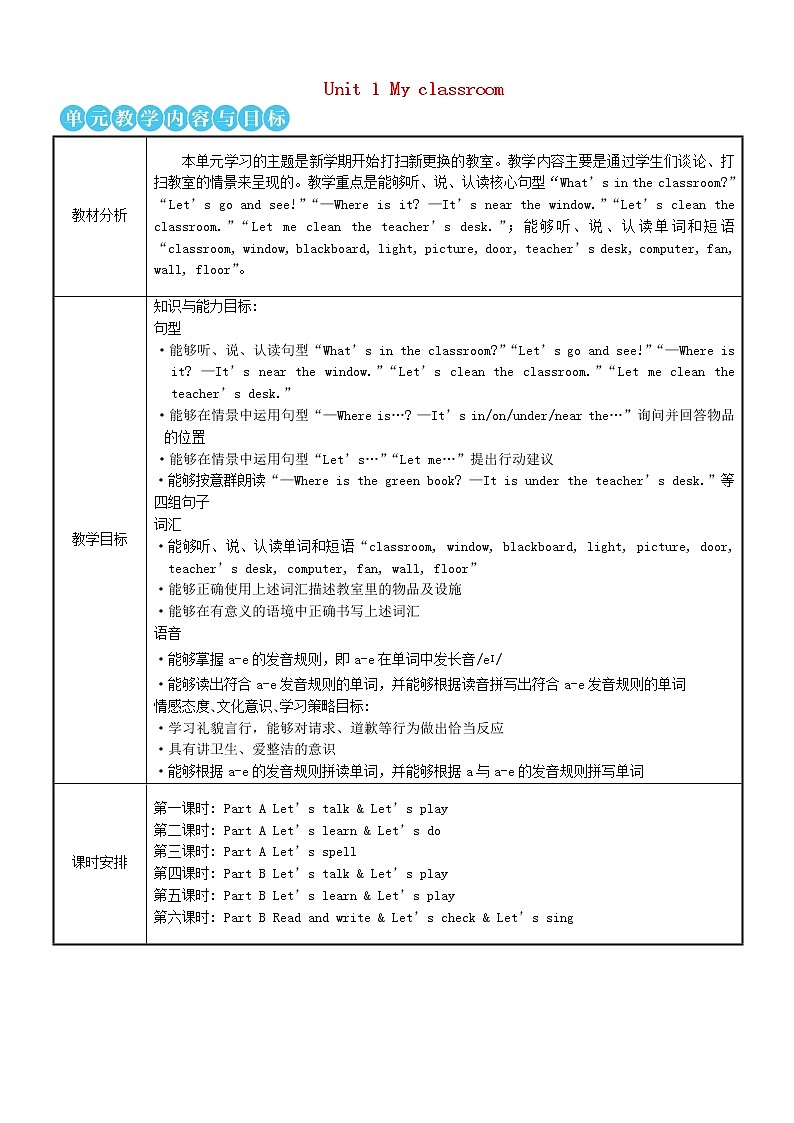 四年级英语上册Unit1Myclassroom第一课时教案人教PEP01