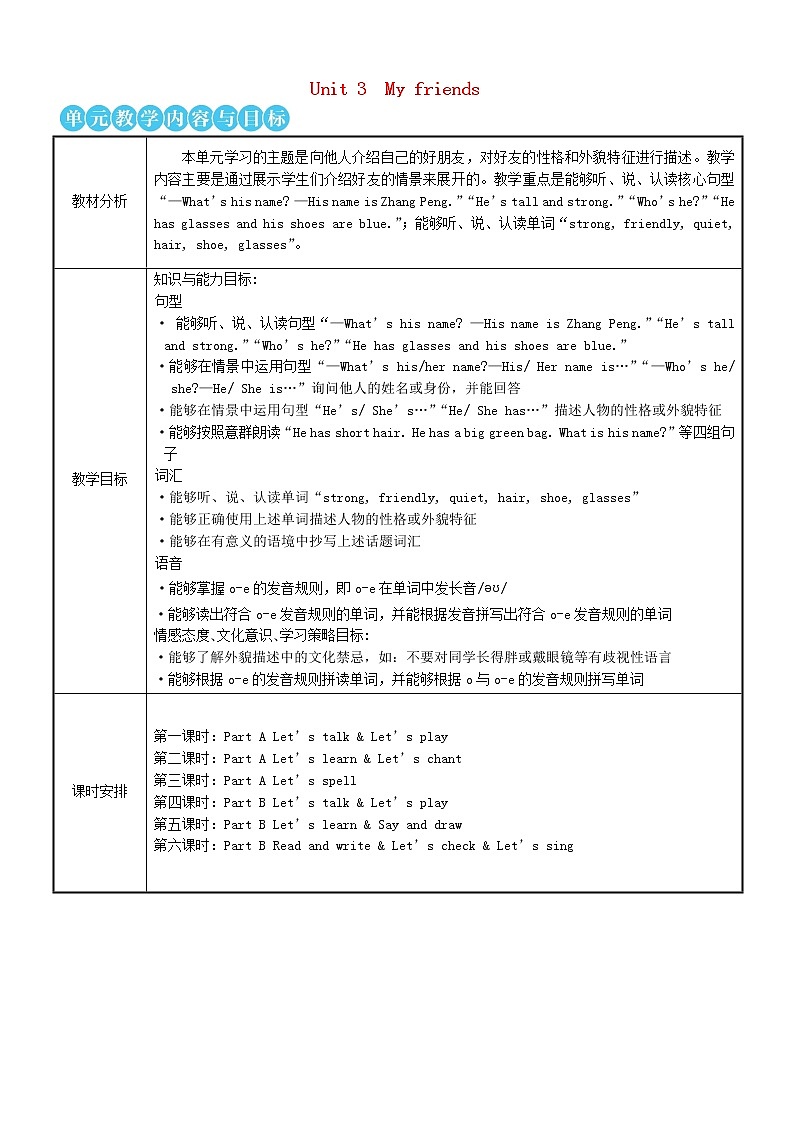 四年级英语上册Unit3Myfriends第一课时教案人教PEP01