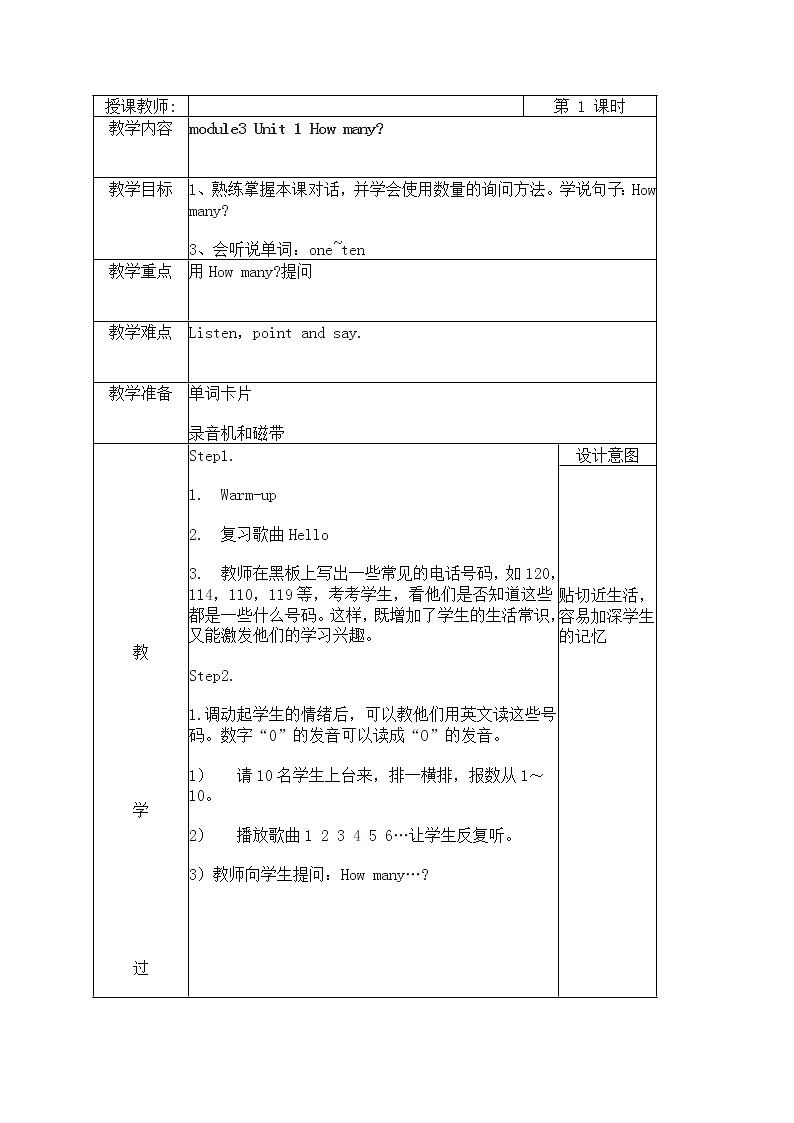 外研版(一起點(diǎn))小學(xué)英語(yǔ)一年級(jí)上冊(cè)教案：Module 3第1頁(yè)