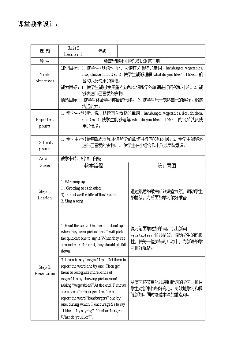 一年级下册英语新蕾快乐英语Unit2lesson1教学设计01