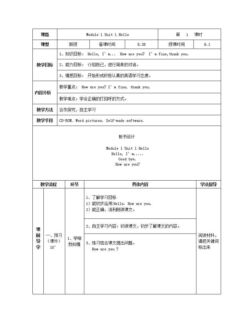 外研版(一起)英語(yǔ)一年級(jí)上冊(cè) Module 1 Unit 1 Hello(教案)第1頁(yè)