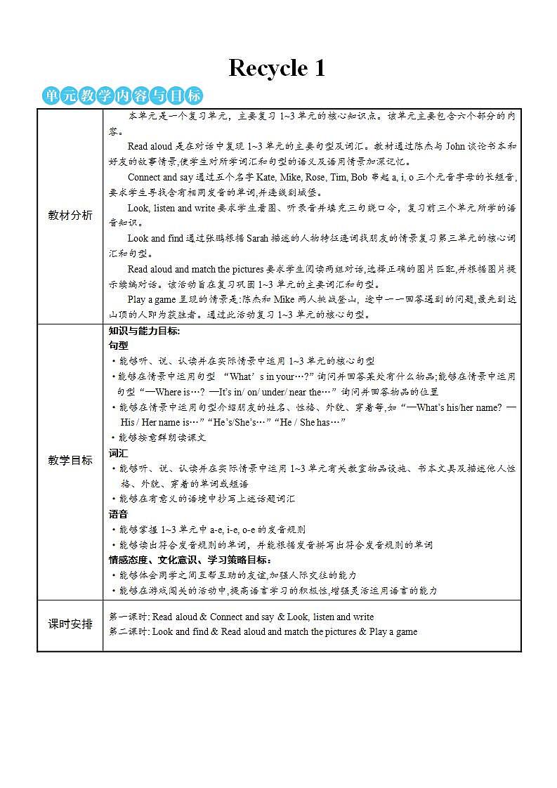 Recycle 1 第1课时 教案第1页