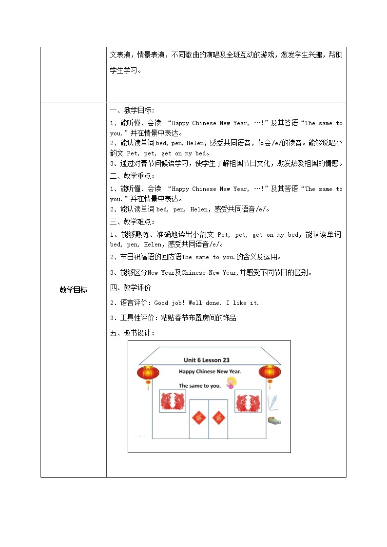 小学英语北京版一年级上册 UNIT SIX  HAPPY CHINESE NEW YEAR-Lesson 23教案02