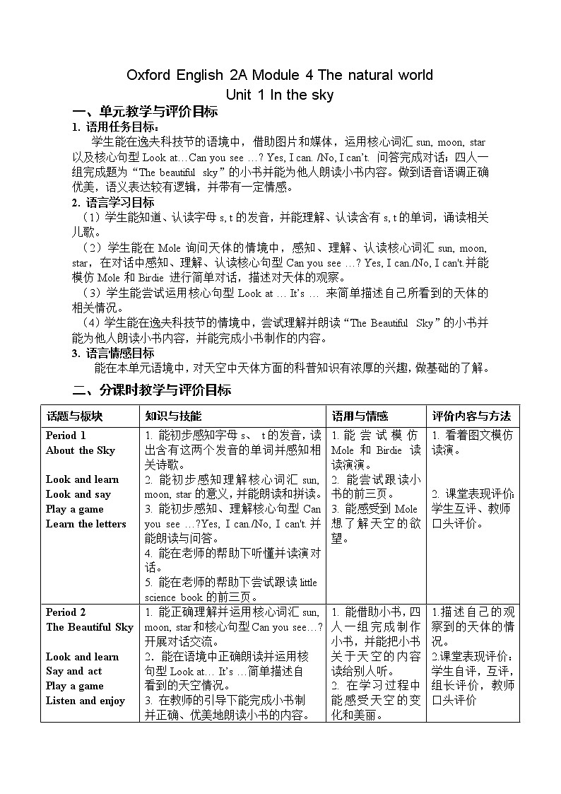 牛津上海版(试用本)小学二年级上册 Module 4 Unit 1 In the sky教案01