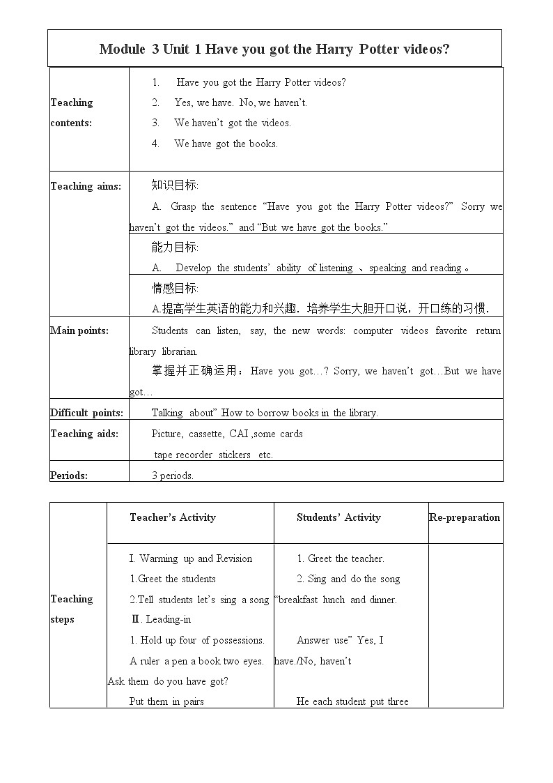 外研版(一起)英语五年级下册教案 Module3 Unit 1 Have you got the Harry Potter DVDs?01