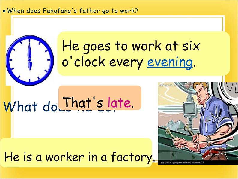 外研版(一起)英语五年级下册课件 《Module7Unit 1 My father goes to work at 8 o'clock every morning.》05