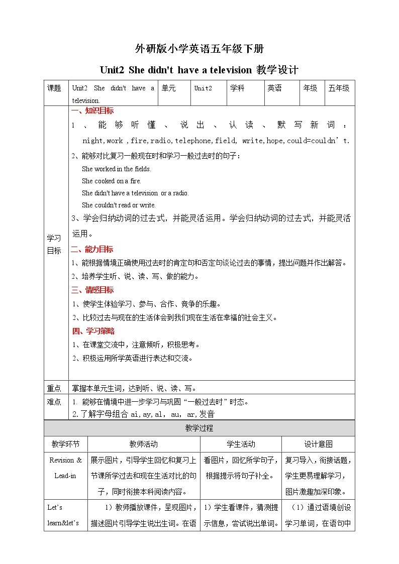 外研版（三起）五年级下册英语-Module 1 Unit 2 She didn’t have a television  课件+教案+练习+素材01