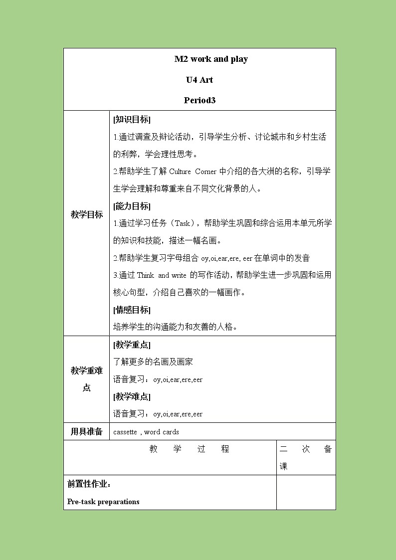 六年级下册英语教案-Module 2 Unit 4 Art 课时3 牛津上海(三起)第1页