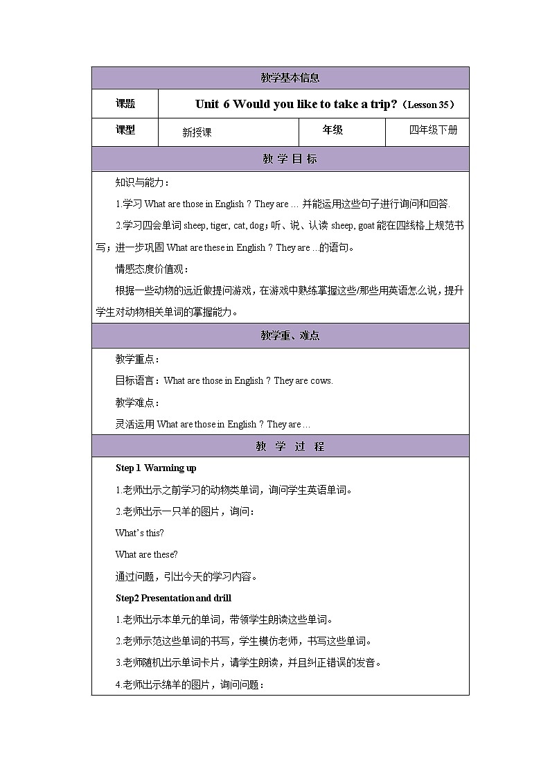 Unit 6 Would you like to take a trip?-Lesson 35教案1  四年级英语下册-人教精通版(三起)01