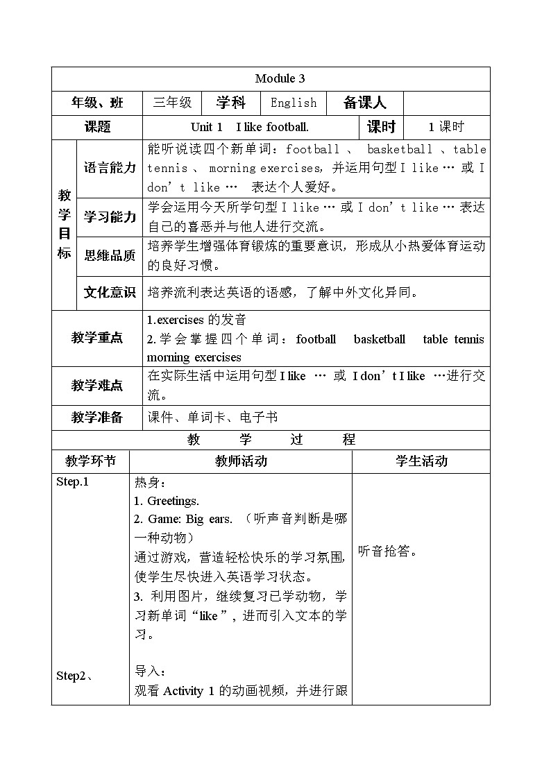 M3 Unit 1 I like football.教案第1页