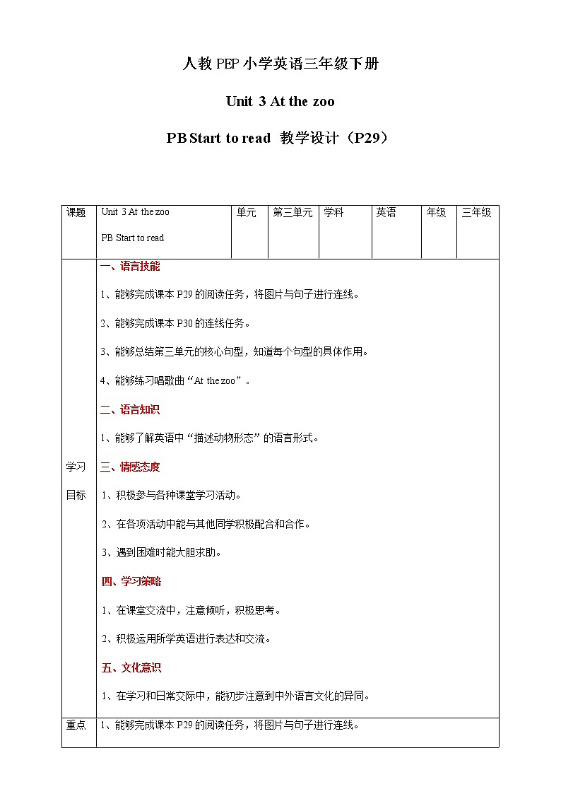 Unit 3 At the zoo PB Start to read 教案第1页