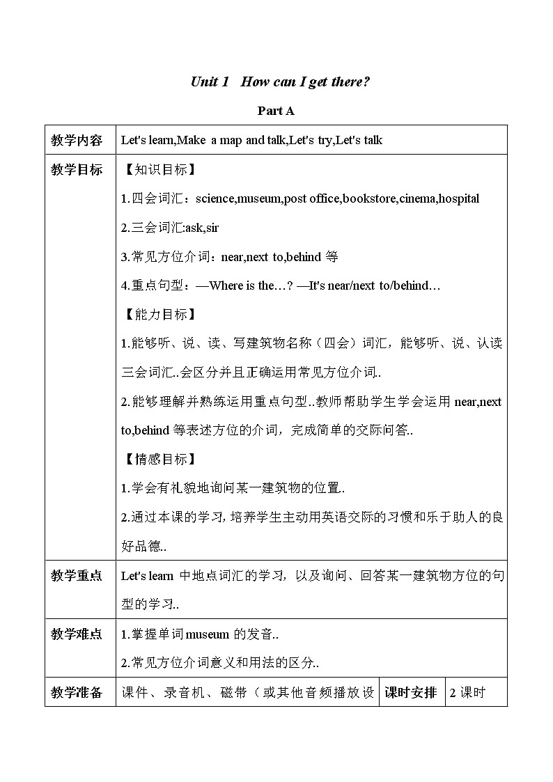人教版英语六年级上册导学案设计Unit 1 单元教案 1第1页