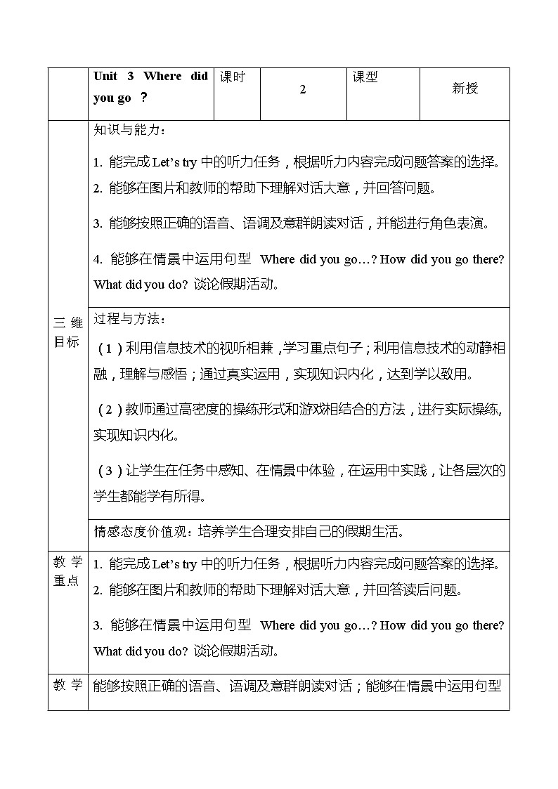 人教版(PEP)Unit 3 Where did you go B. Let’s talk(教案) 英语六年级下册第1页