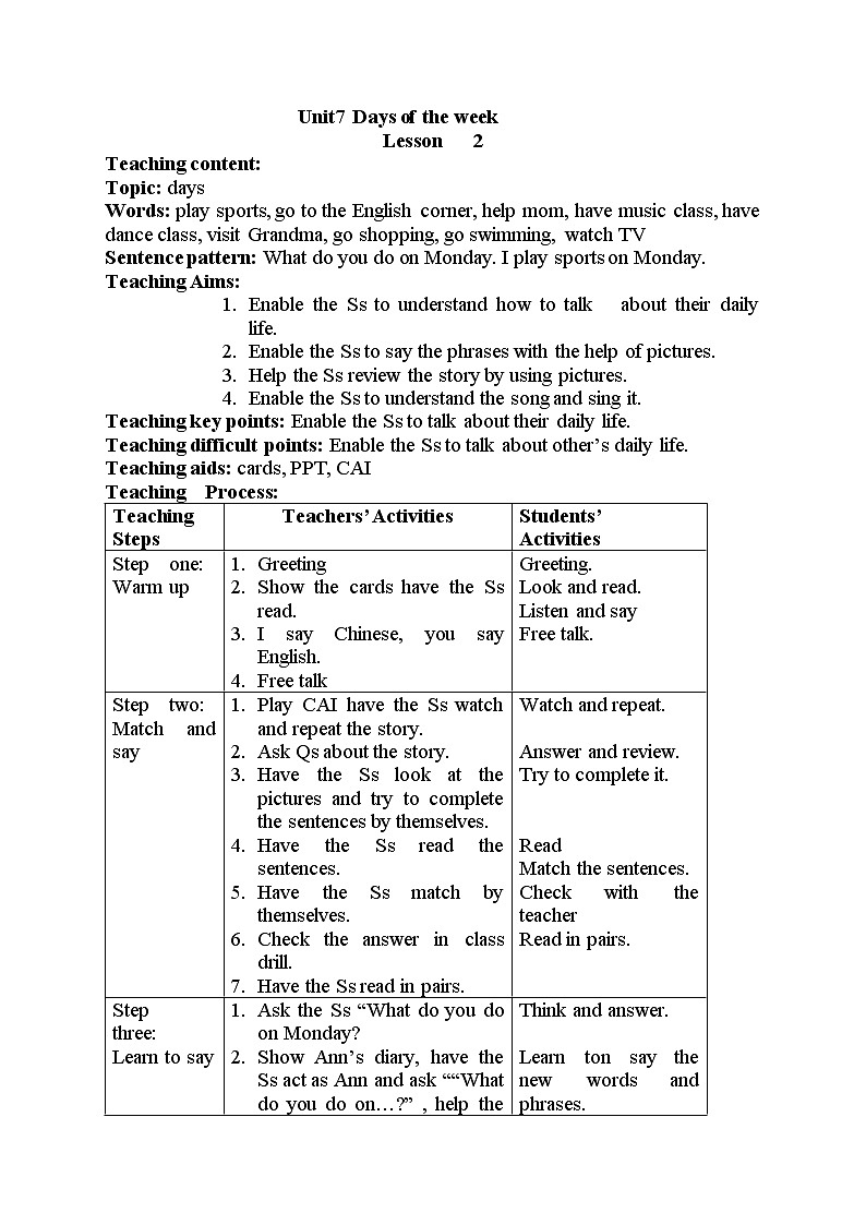 北师大版(三年级起点)Unit7 Days of the week Lesson2(教案) 英语五年级下册01