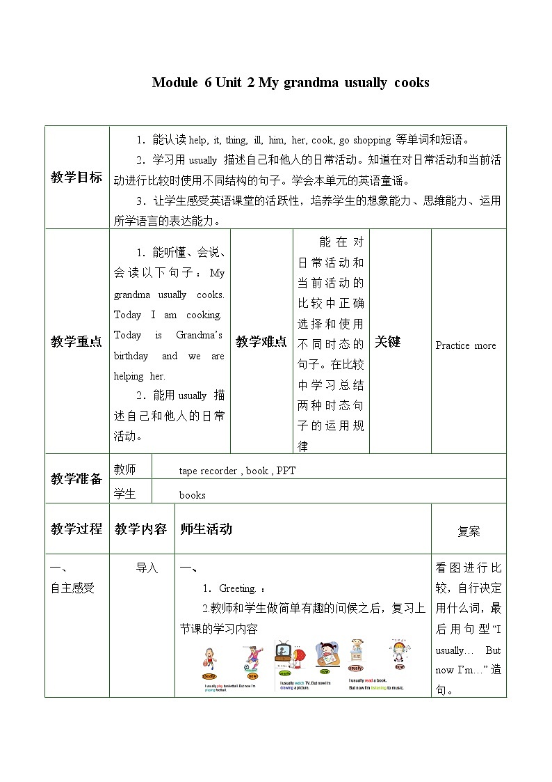 外研版(一年级起点)二年级下册Module 6 Unit 2 My grandma usually cooks._ 教案第1页