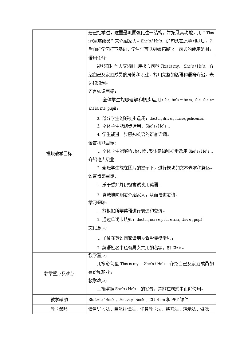 外研版（一年级起点）一年级下册M1表格式教学设计02