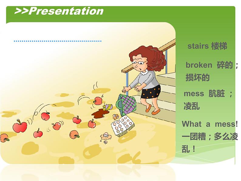 外研版(三年级起点)六年级下册Module4 Unit2 The apples are falling down the stairs. 课件第7页