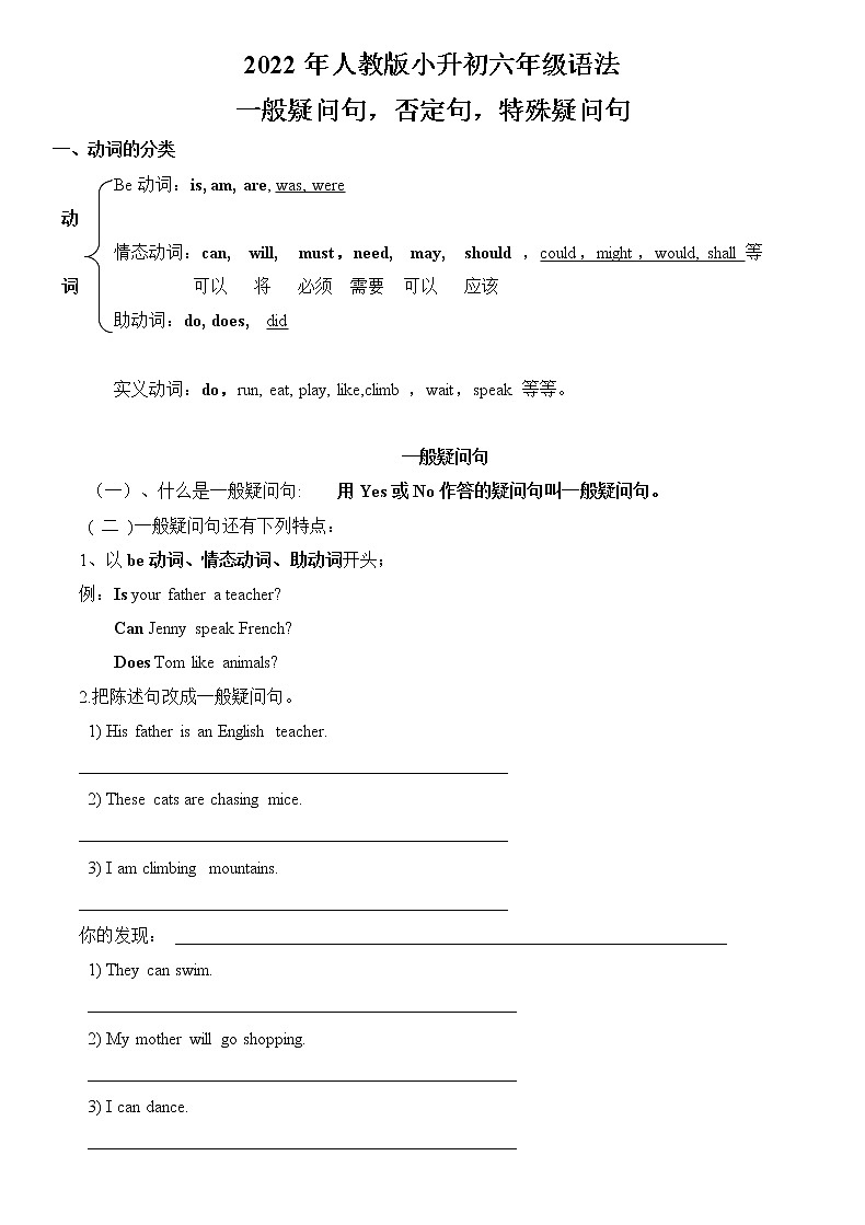 2022年人教版六年级英语语法:一般疑问句、否定句、特殊疑问句练习题01