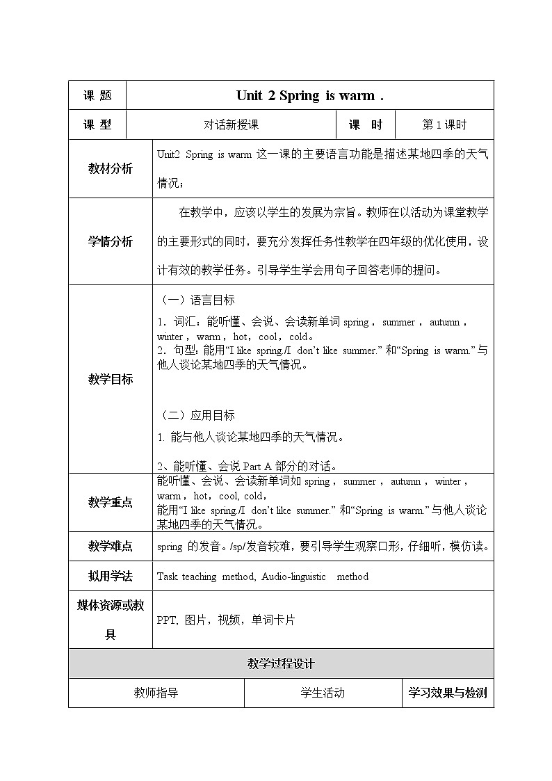湘少版四年级下册英语 Unit 2 Spring is warm.(第一课时)教案第1页
