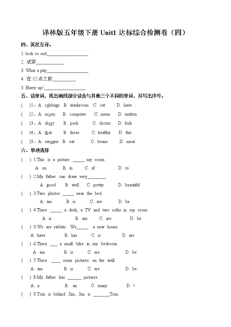 Unit 1 Cinderella 达标综合检测卷(四)小学英语译林版(三起)(2012)五年级下册(2022年)第1页