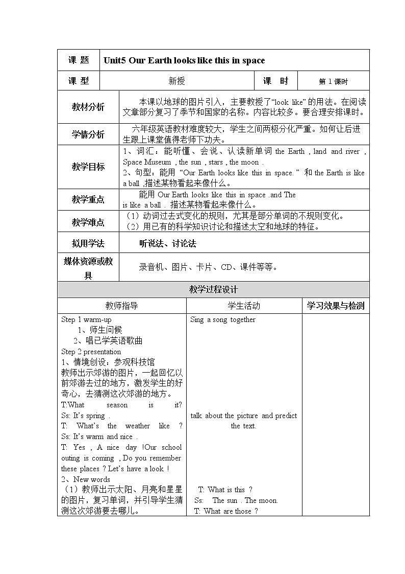 湘少版英语六年级下册 Unit 5 Our earth looks like this in space.(第一课时)教案01
