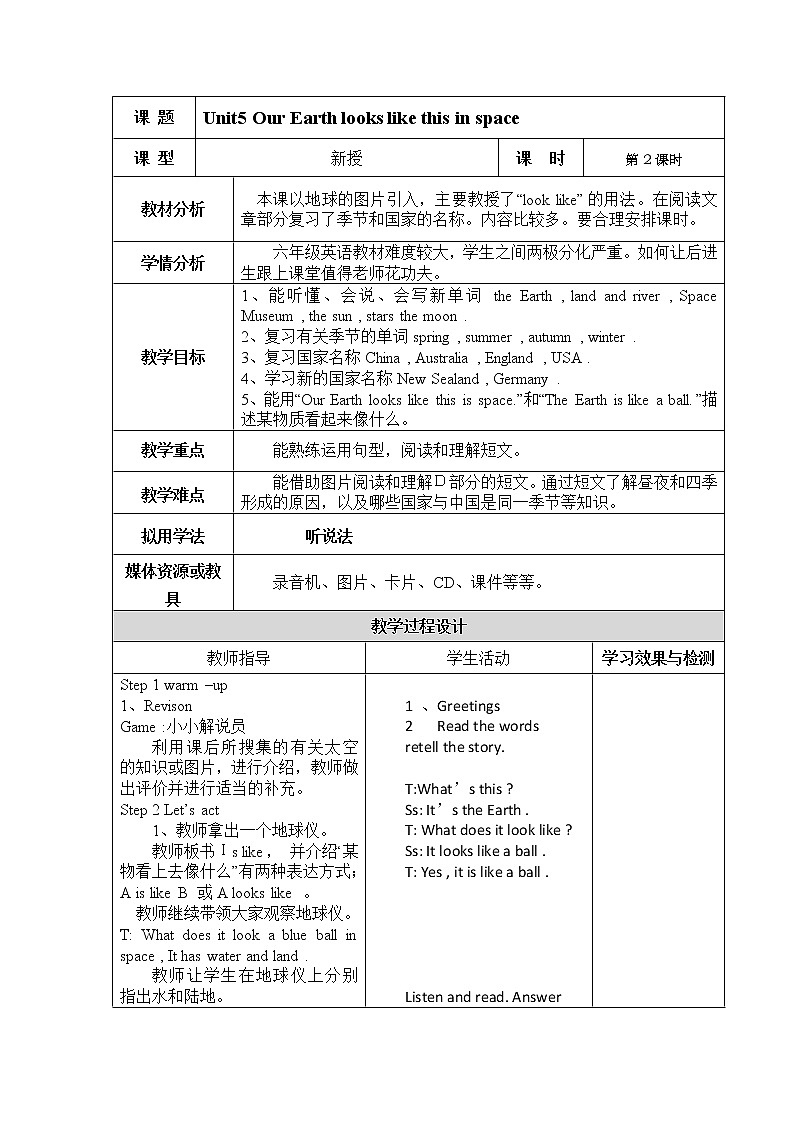 湘少版英语六年级下册 Unit 5 Our earth looks like this in space.(第二课时)教案01