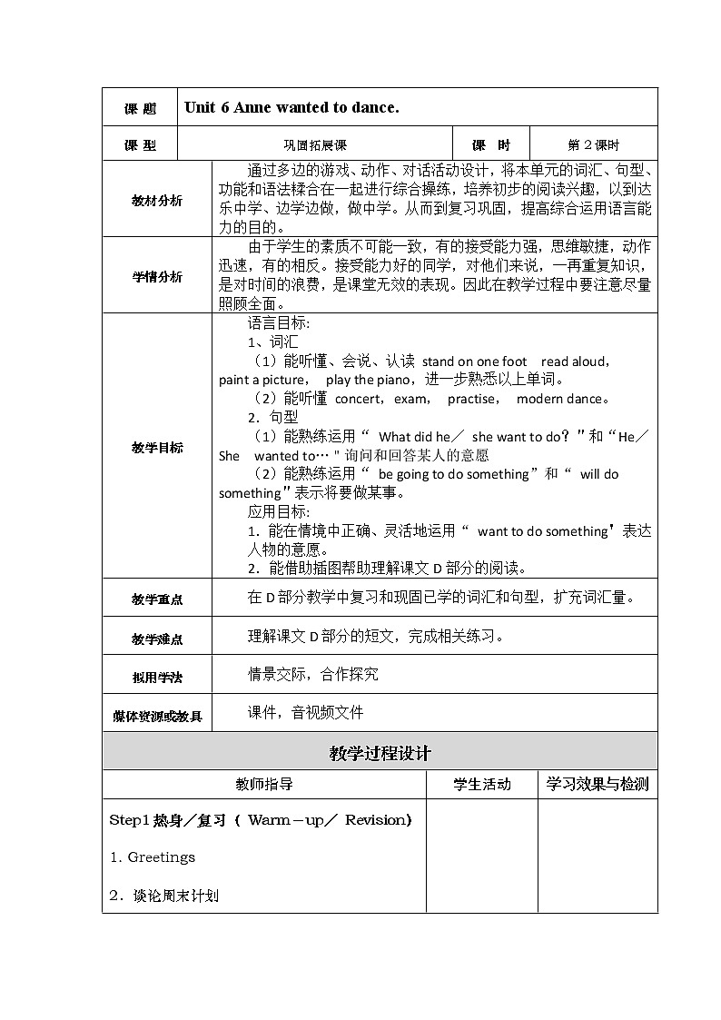 湘少版英语六年级下册 Unit 6 Anne wanted to dance(第二课时)教案01