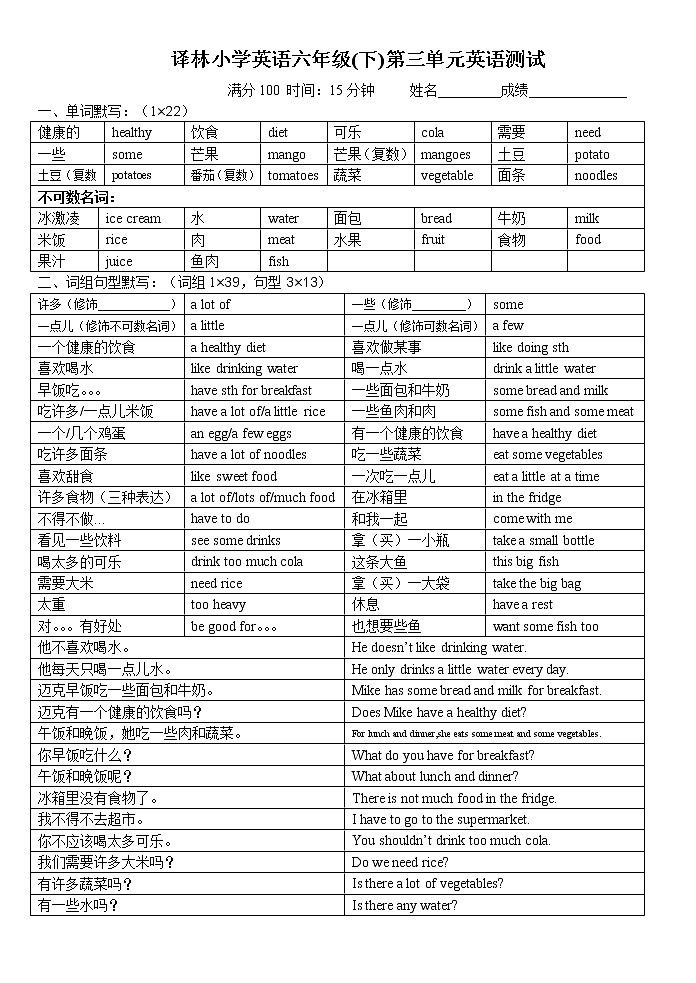 译林版英语六年级下册第三单元单词词组句型默写纸答案01